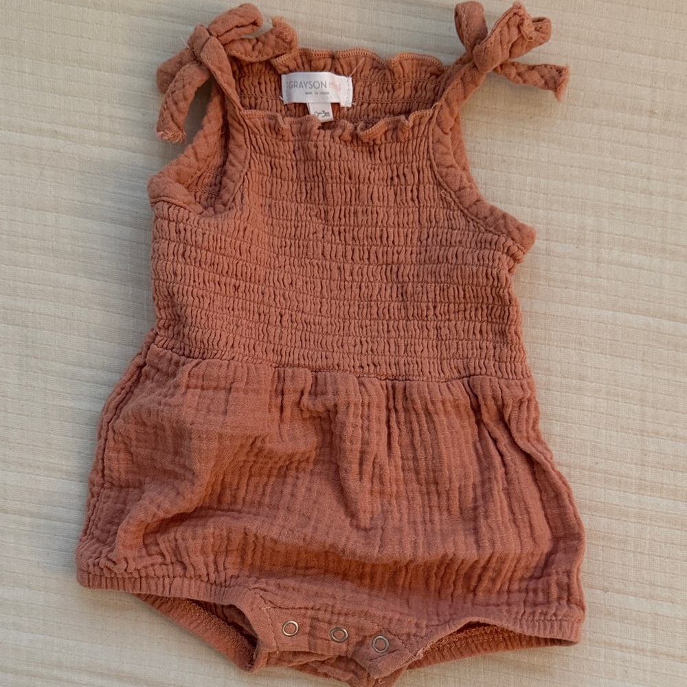 Grayson Rust Gauze Smocked Romper with Tie Straps